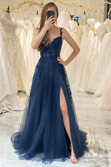 Navy A-line Spaghetti Straps Tulle Princess Prom Dress with Appliques